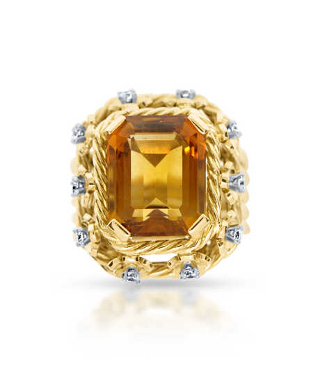 Yellow gold vintage ring 18 ct with orange topaz and diamonds