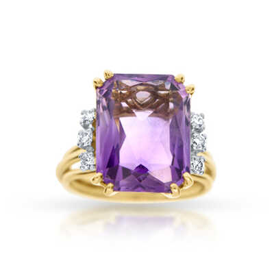 Yellow gold vintage ring 18 ct with amethyst and diamonds